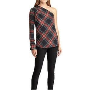 Ralph Lauren Red and Black Plaid One-Shoulder Blouse